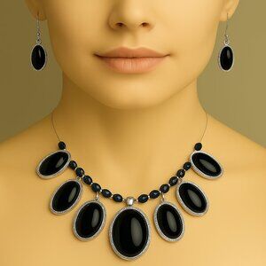 Silver & Blue Gemstone Statement Necklace & Earrings Set – Bold Women’s Fashion
